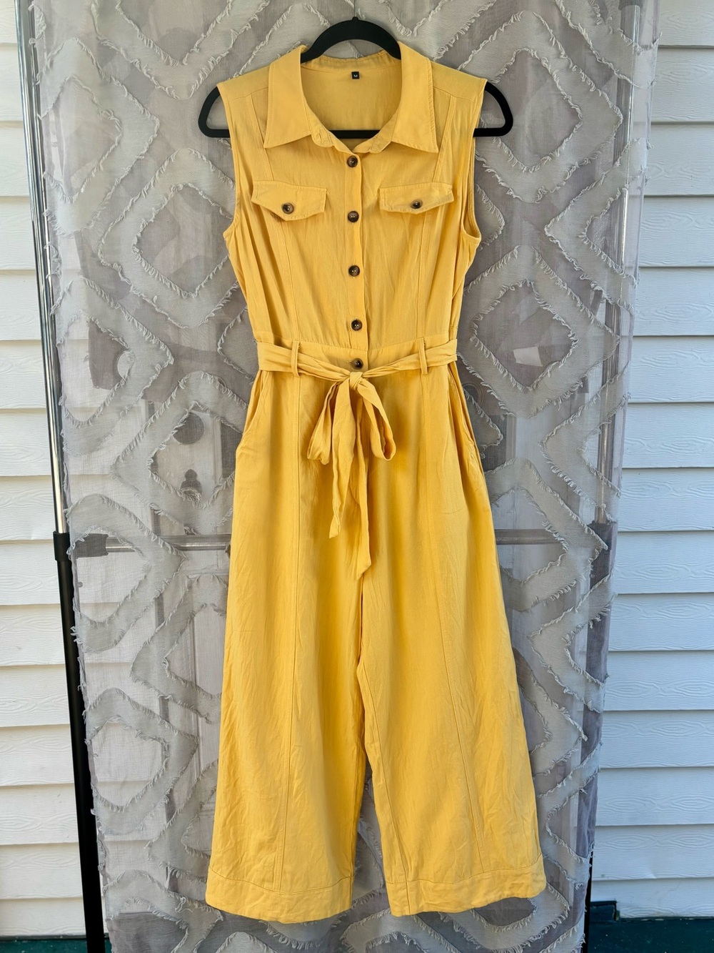 Allegra K Yellow Cotton Collared Wide Leg Sleeveless Cargo Jumpsuit NWOT Medium